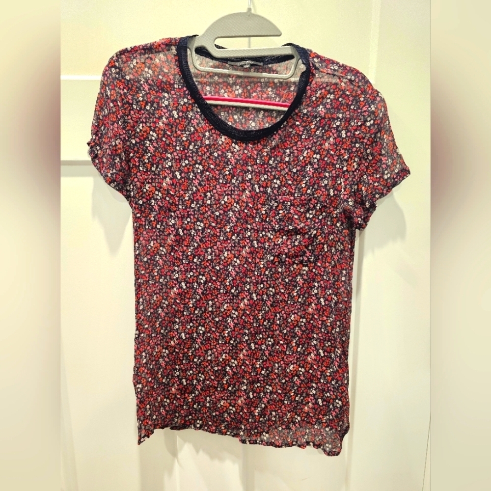 Joe’s Jeans Collection 100% Silk Sheer Floral Tee Shirt Size Small Navy Multicol